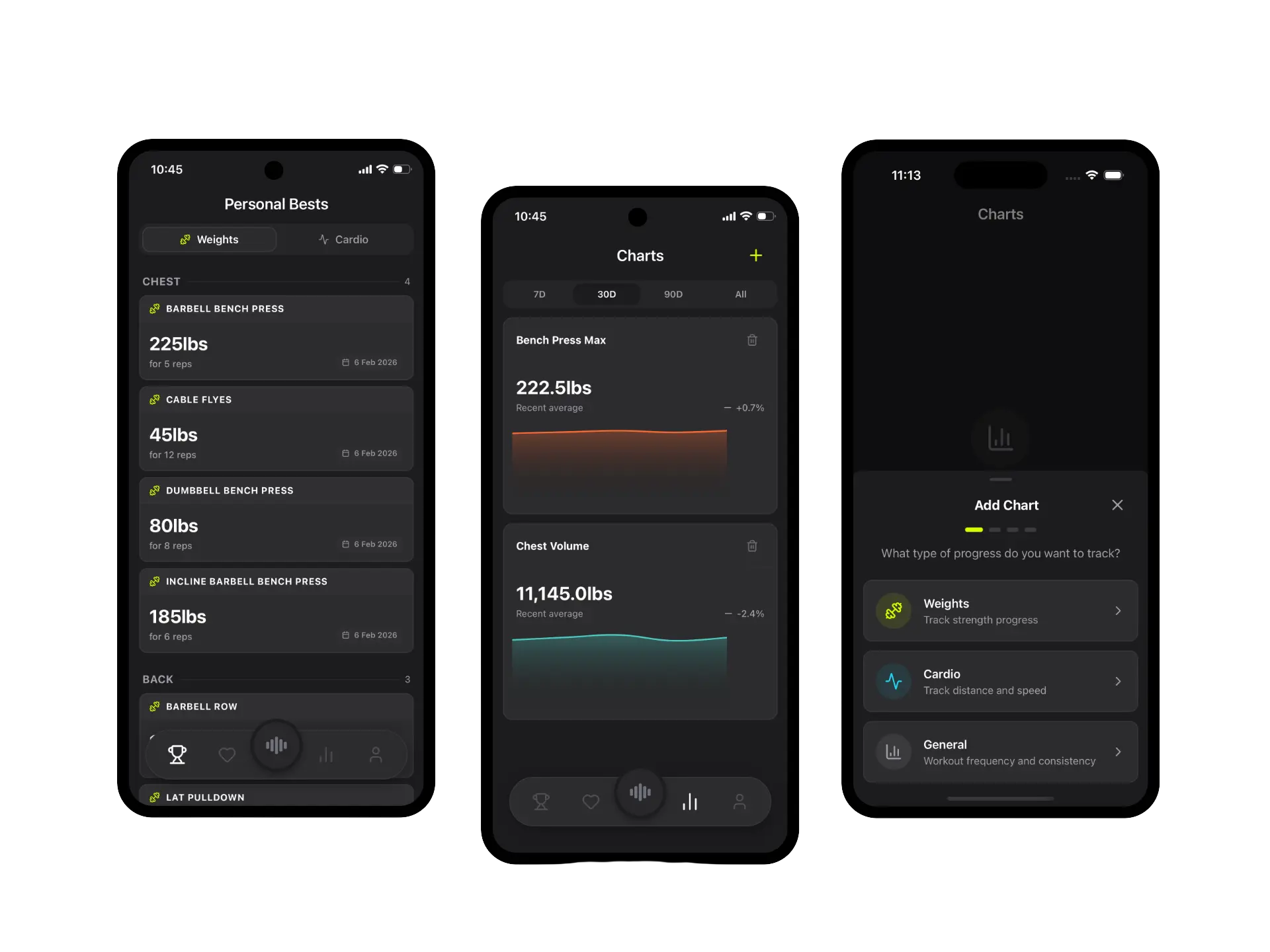 SLAB app showing charts, personal bests, workout planning, and health data